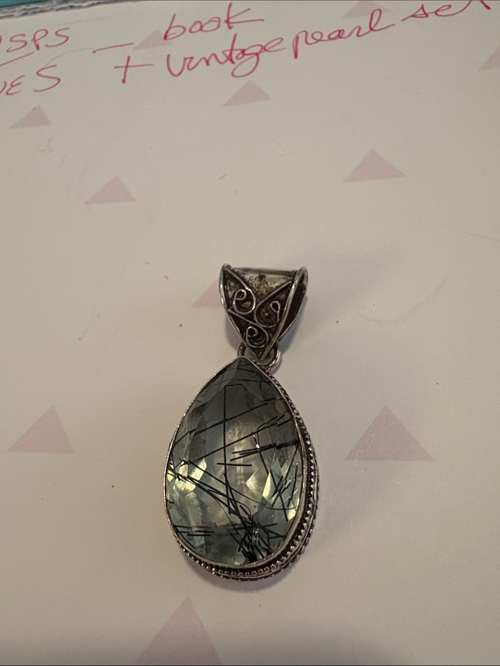 Sterling- Teardrop Rutilated Quartz Pendant - Black and Gray